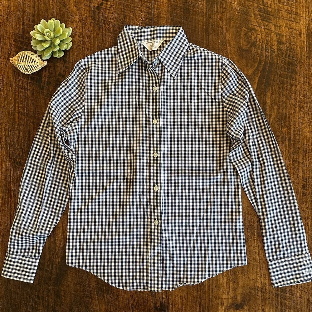 Vintage Blue & White Gingham Plaid Cotton Blend Button Down Shirt, Size 10